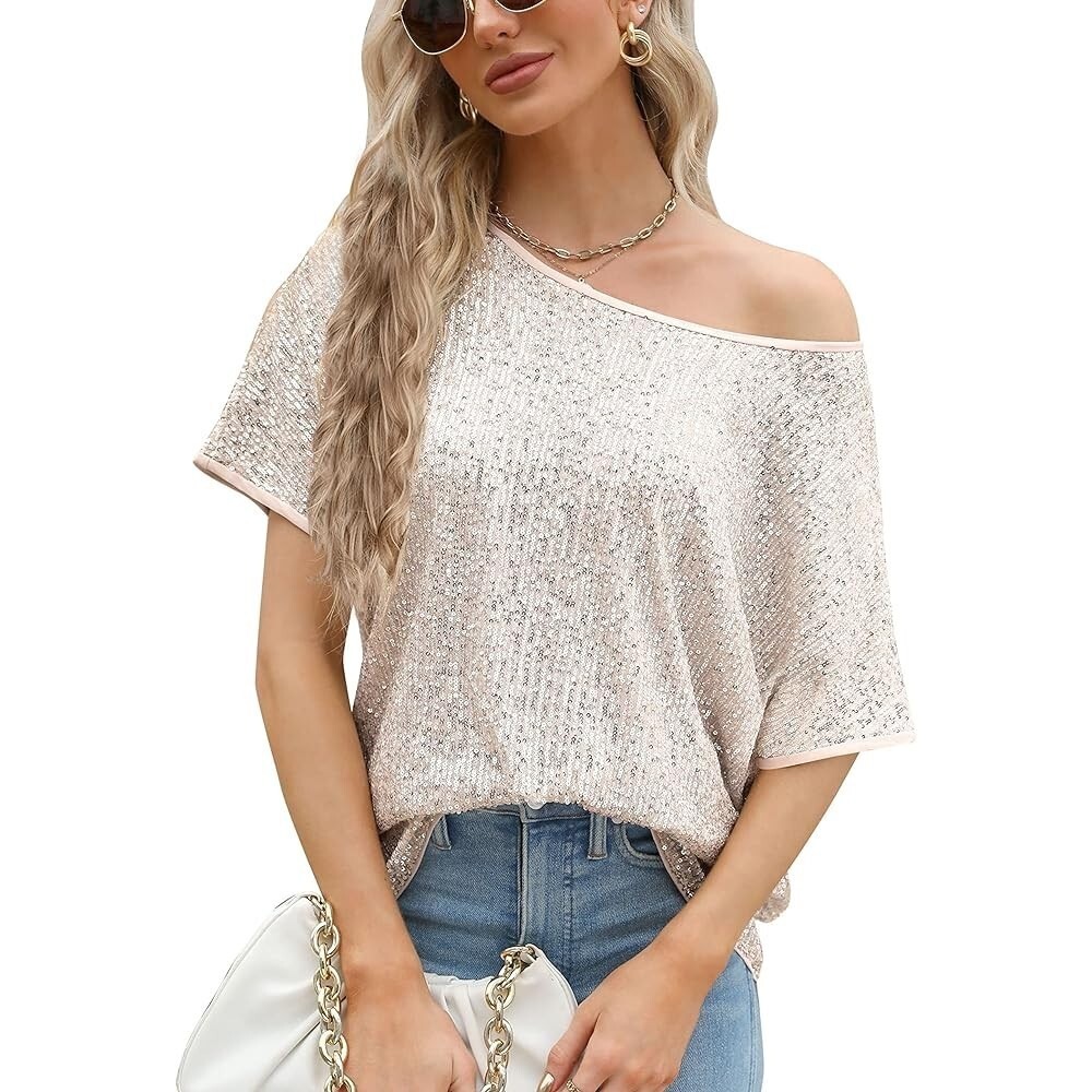 Sequin Top Short Sleeve Party Sparkle Blouse Evening Cocktail Shirt‎ XL NWT